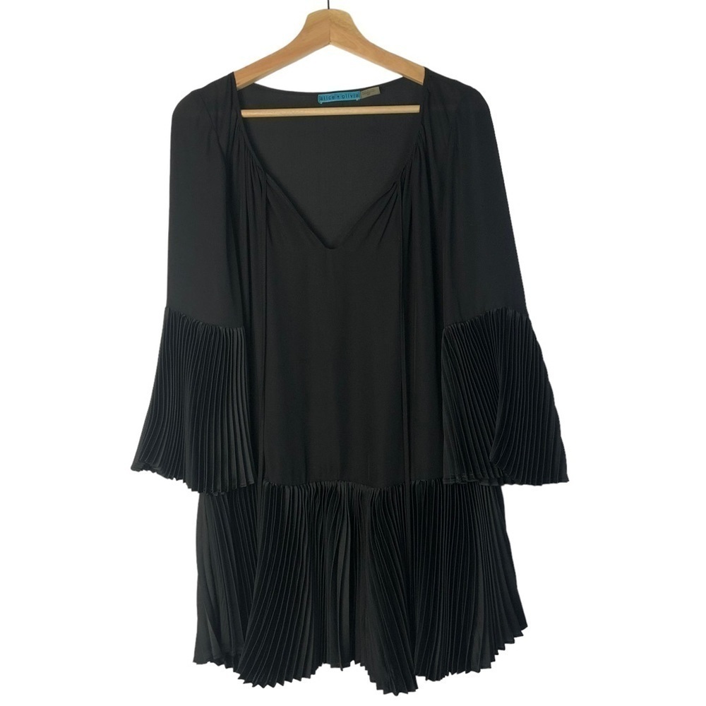 Alice + Olivia Black Silk Pleated Long Sleeve Mini‎ Dress S